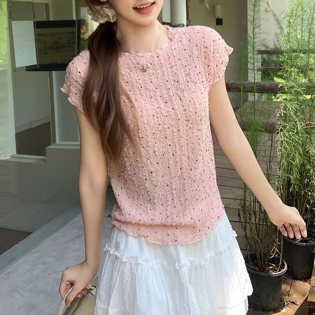 Shinsei-Short-Sleeve Round Neck Plain Dotted Ruched Top