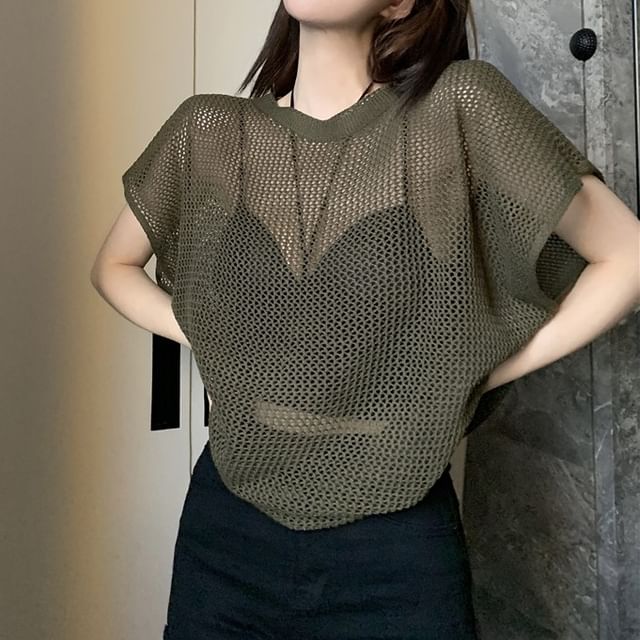 Shinsei-Short Sleeve Round Neck Plain Knit Top Plain Bra Top