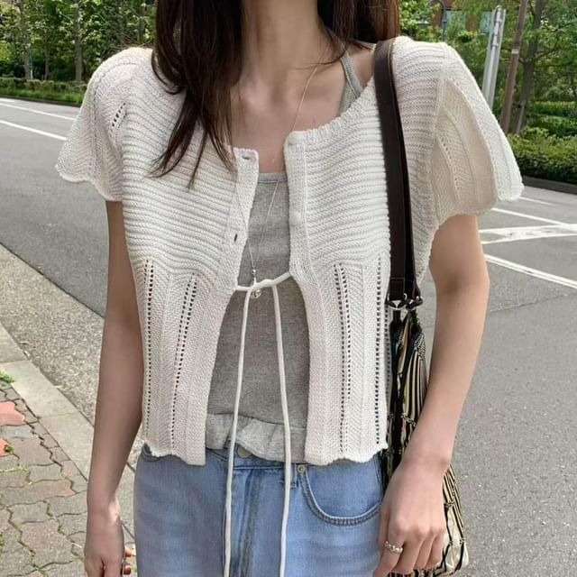 Shinsei-Short-Sleeve Round Neck Plain Pointelle Knit Top