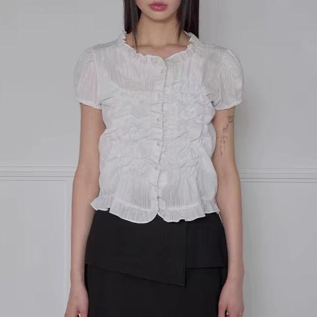 Shinsei-Short-Sleeve Round Neck Plain Ruffle Trim Button Up Blouse