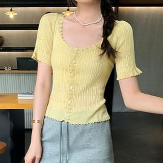 Shinsei-Short-Sleeve Scoop Neck Button-Up Plain Knit Top