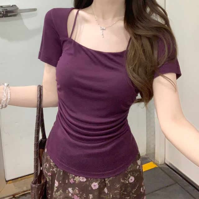 Shinsei-Short-Sleeve Scoop Neck Plain Crop Top