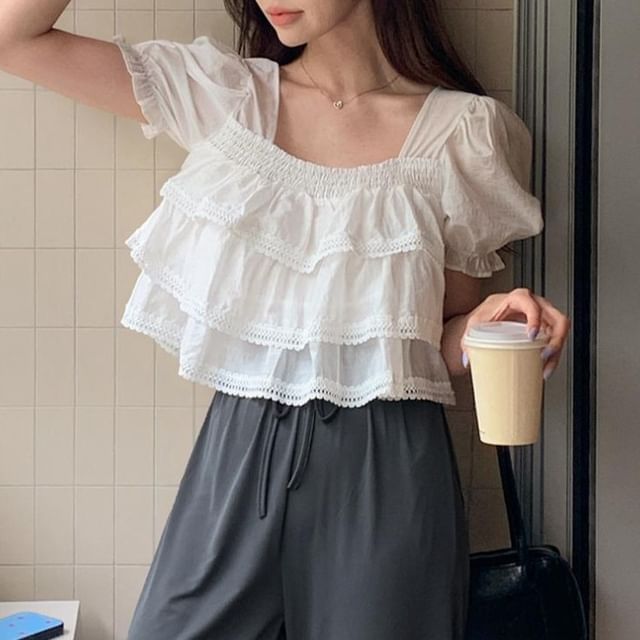 Shinsei-Short-Sleeve Square Neck Lace Ruffle Crop Blouse