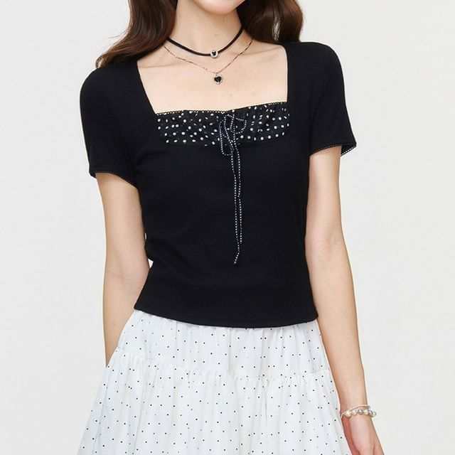 Shinsei-Short-Sleeve Square Neck Plain Dotted Panel T-Shirt
