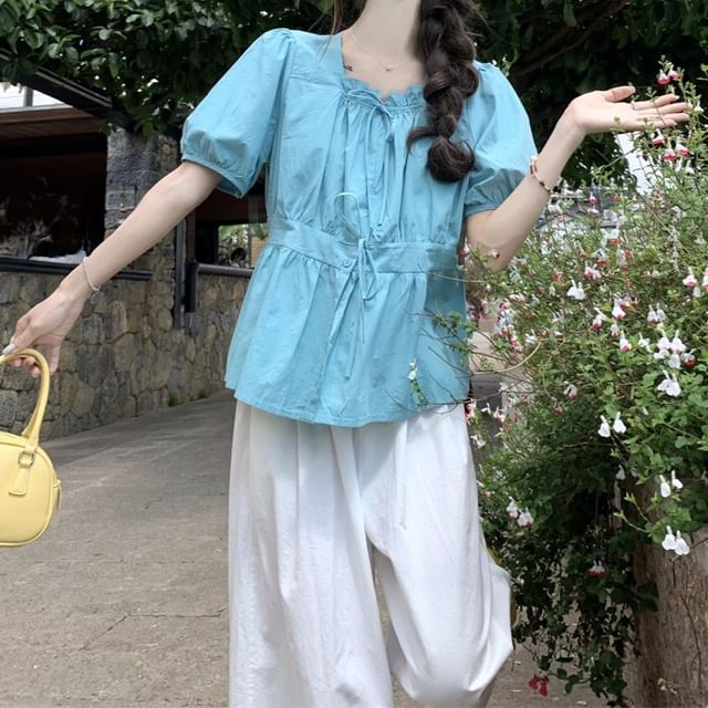 Shinsei-Short Sleeve Square Neck Plain Frill Tie Front Blouse Elastic Waist Plain Wide Leg Pants