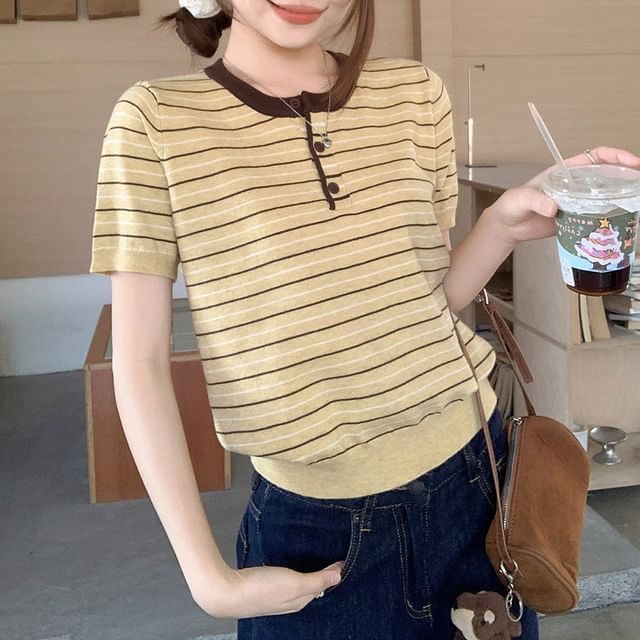 Shinsei-Short-Sleeve Striped Henley Knit Top