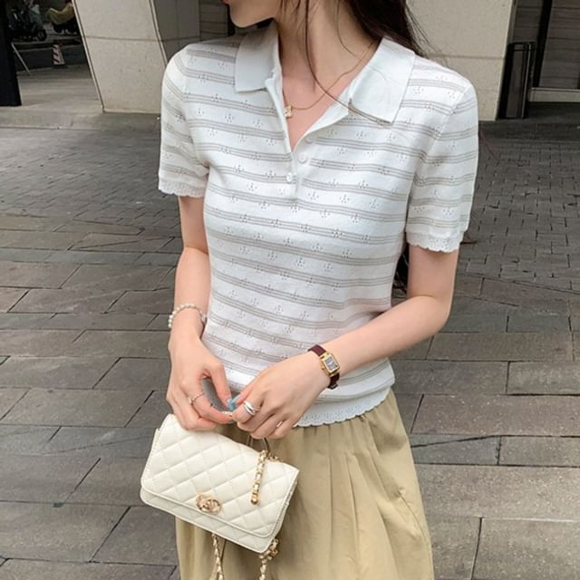 Shinsei-Short-Sleeve Striped Knit Polo Top