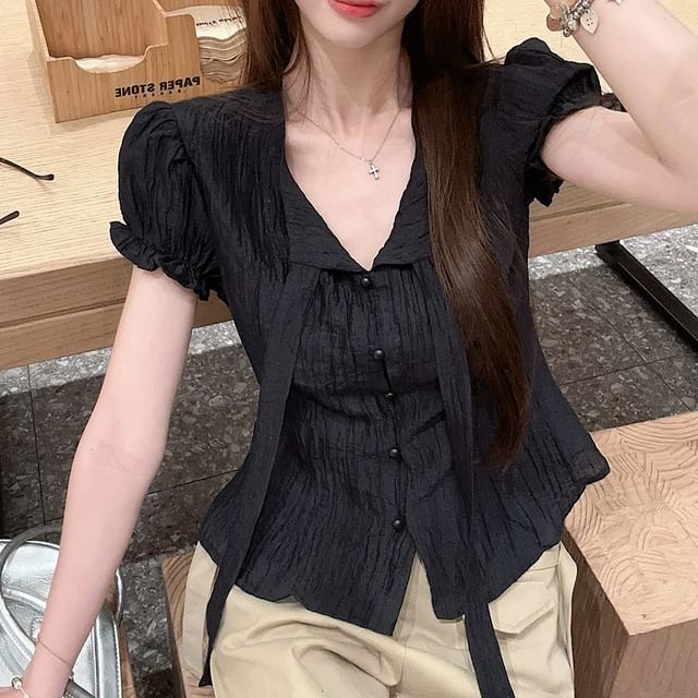 Shinsei-Short Sleeve Tie-Neck Plain Blouse