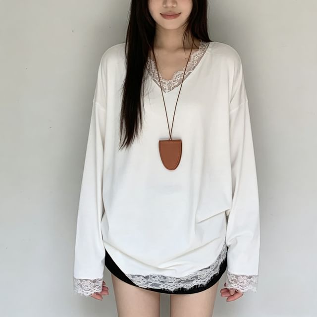 Shinsei-Short Sleeve V-Neck Plain Panel Lace T-Shirt