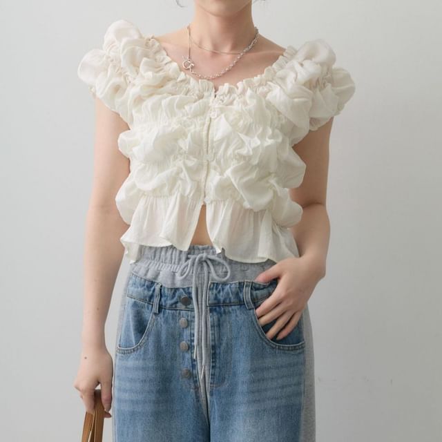 Shinsei-Short-Sleeve V-Neck Ruffle Plain Crop Blouse