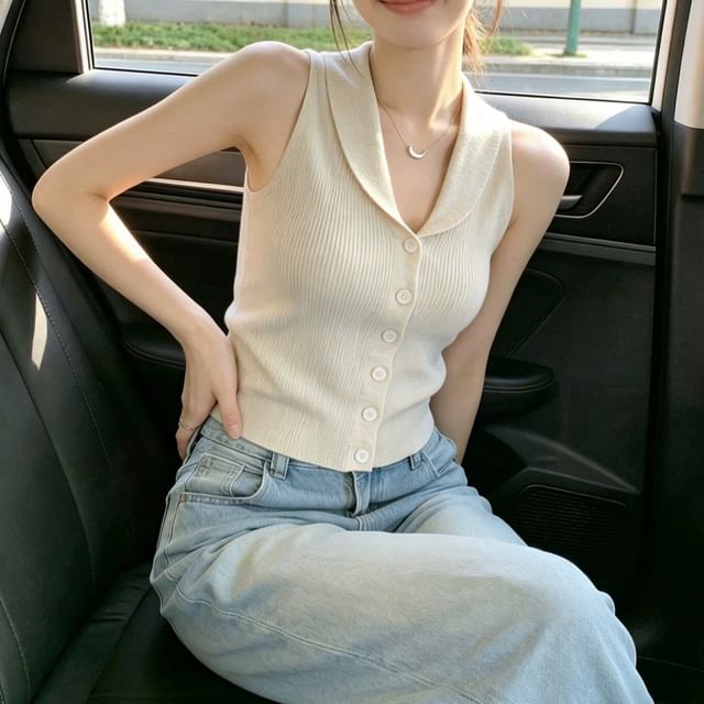 Shinsei-Sleeveless Collar Plain Ribbed Knit Top