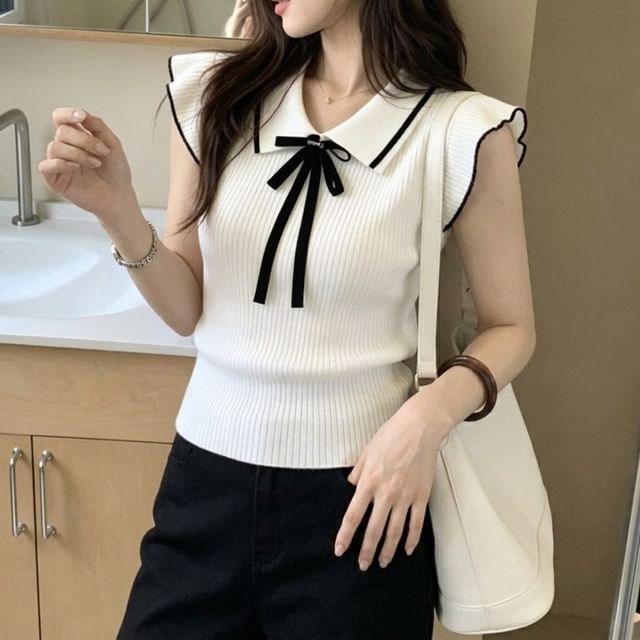Shinsei-Sleeveless Collared Contrast Trim Ribbed Knit Top