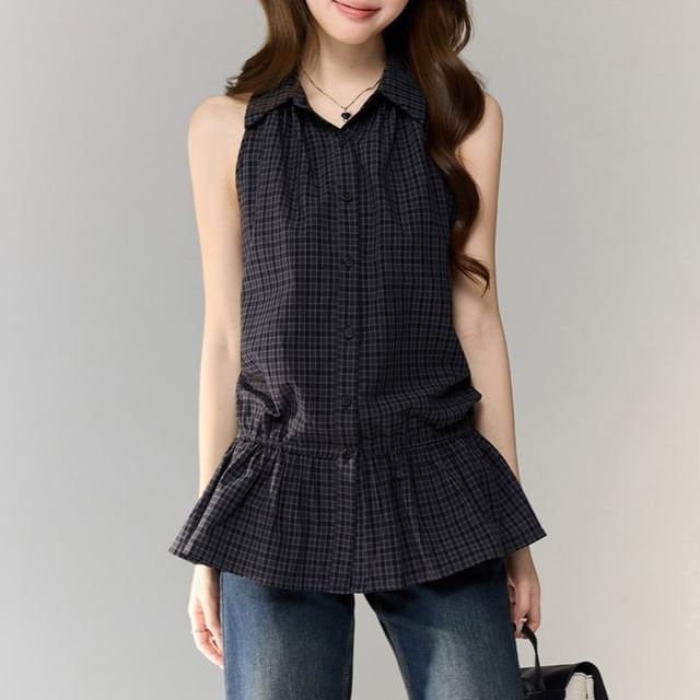 Shinsei-Sleeveless Collared Plaid Ruffle Blouse