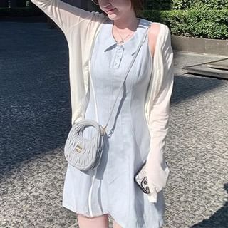 Shinsei-Sleeveless Collared Plain Button Mini A-Line Dress