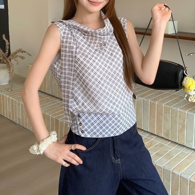 Shinsei-Sleeveless Cowl Neck Plaid Top