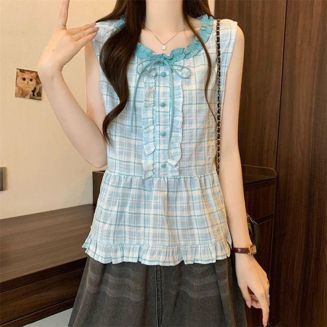 Shinsei-Sleeveless Crew Neck Plaid Ruffle Trim Blouse