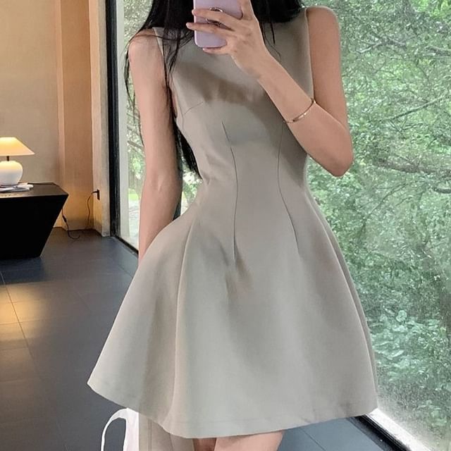 Shinsei-Sleeveless Crew Neck Plain Mini A-Line Dress