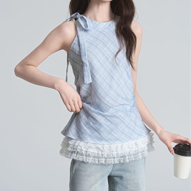 Shinsei-Sleeveless Lace Hem Print Top