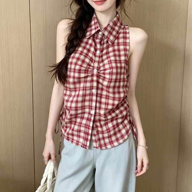 Shinsei-Sleeveless Plaid Ruched Shirt