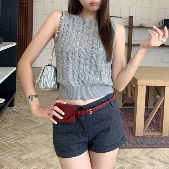 Shinsei-Sleeveless Plain Cable Knit Crop Sweater Vest