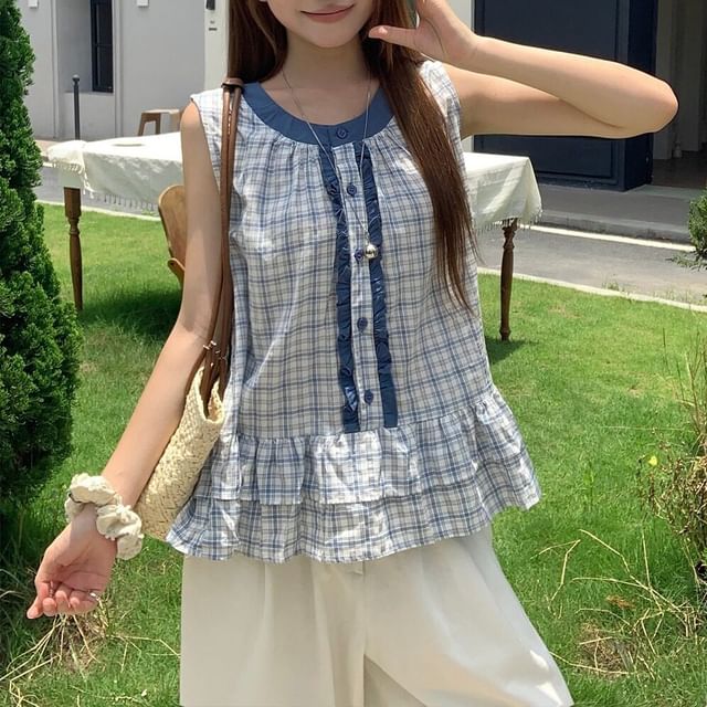 Shinsei-Sleeveless Round Neck Plaid Ruffle Trim Blouse