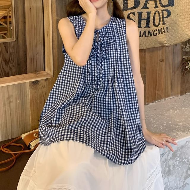 Shinsei-Sleeveless Round Neck Plaid Tie Front Top