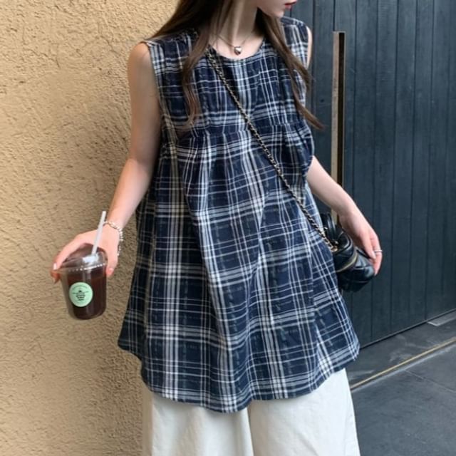 Shinsei-Sleeveless Round Neck Plaid Top