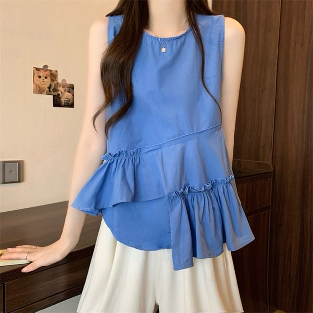 Shinsei-Sleeveless Round Neck Plain Ruffle Panel Asymmetrical Top