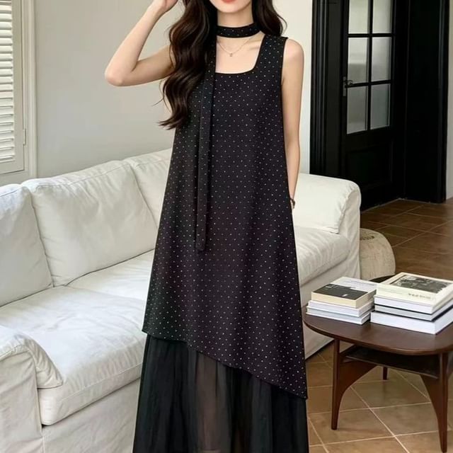 Shinsei-Sleeveless Square Neck Dotted Panel Maxi A-Line Dress