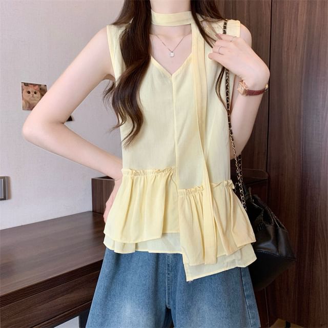 Shinsei-Sleeveless V-Neck Plain Ruffle Asymmetrical Blouse