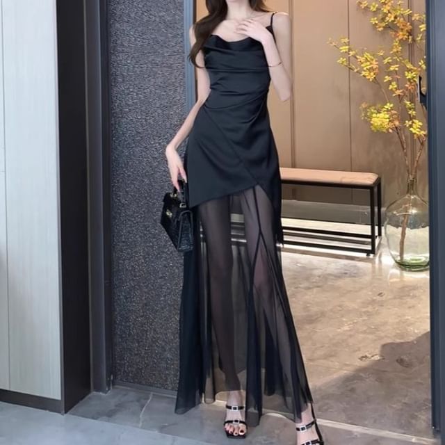 Shinsei-Spaghetti Strap Cowl Neck Plain Asymmetrical Mesh Panel Maxi A-Line Dress
