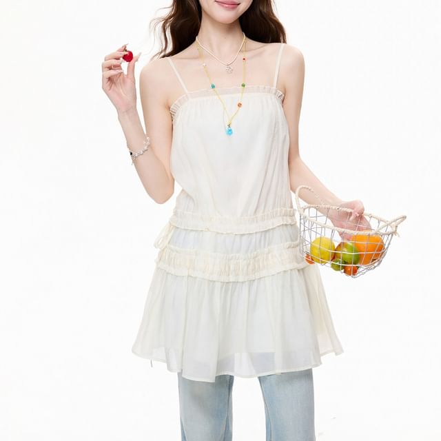 Shinsei-Spaghetti Strap Plain Drawstring Panel Mesh Mini A-Line Dress