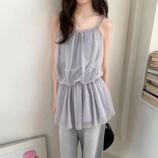 Shinsei-Spaghetti Strap Plain Frill Trim Mesh Mini A-Line Dress
