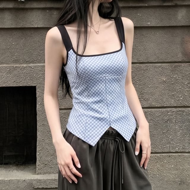 Shinsei-Square Neck Gingham Slim Fit Tank Top