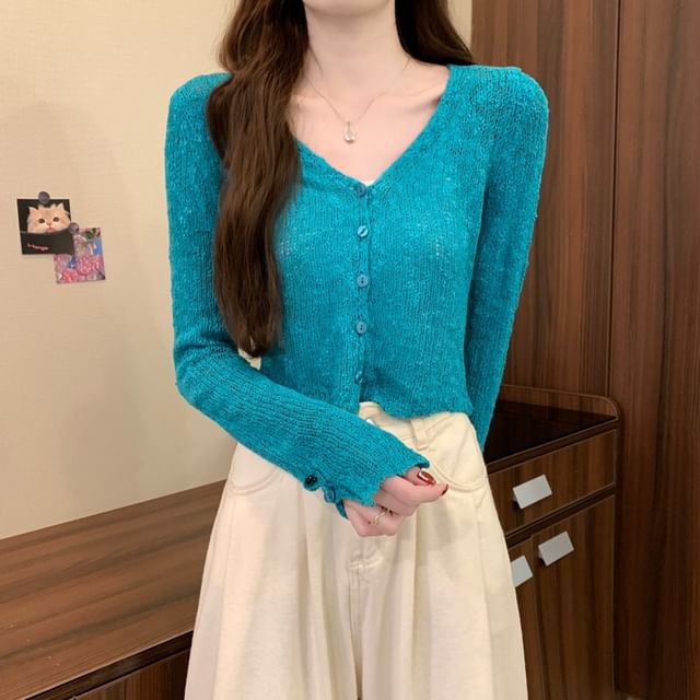 Shinsei-V-Neck Button-Up Plain Sheer Crop Cardigan