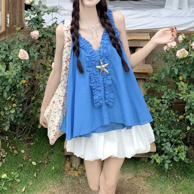Shinsei-V-Neck Plain Ruffle Cami Top High Waist Plain Mini A-Line Balloon Skirt