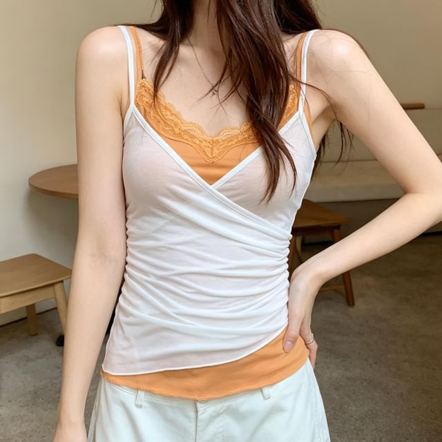 Shinsei-V-Neck Plain Shirred Sheer Camisole Top
