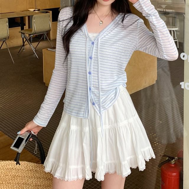 Shinsei-V-Neck Striped Button-Up Cardigan