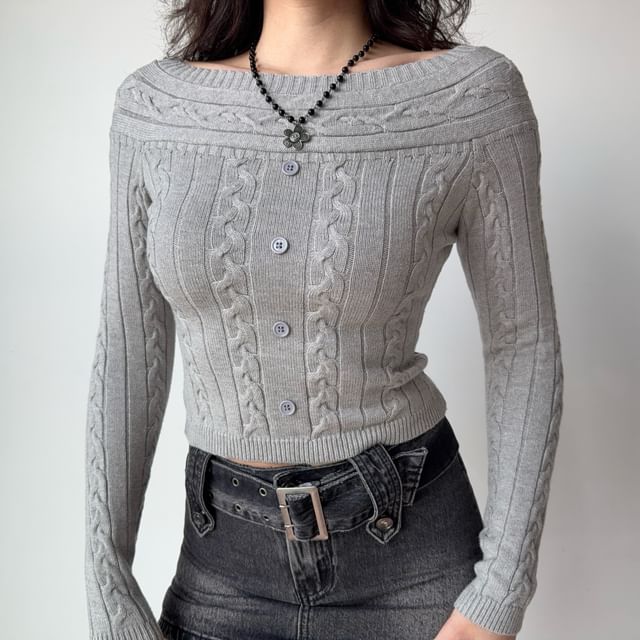 Shira-Boat Neck Plain Crop Cable Knit Sweater