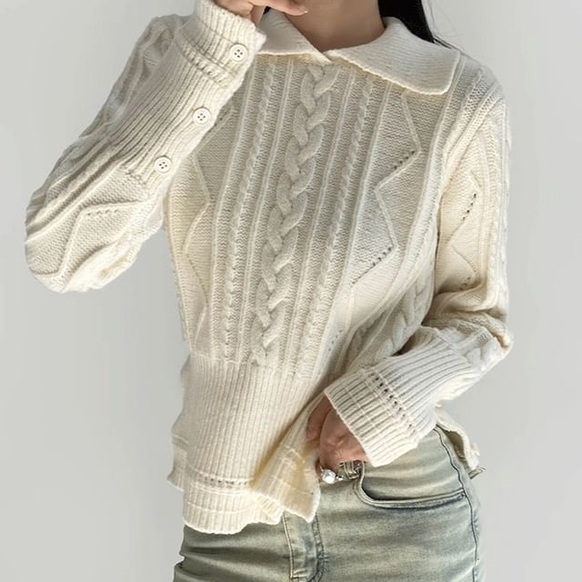 Shira-Cable Knit Plain Polo Sweater