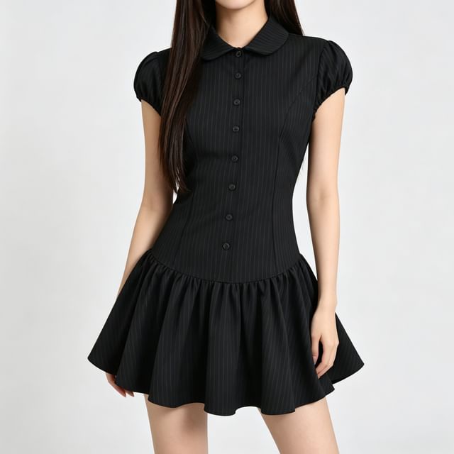 Shira-Cap Sleeve Collared Pinstriped Button Mini A-Line Dress