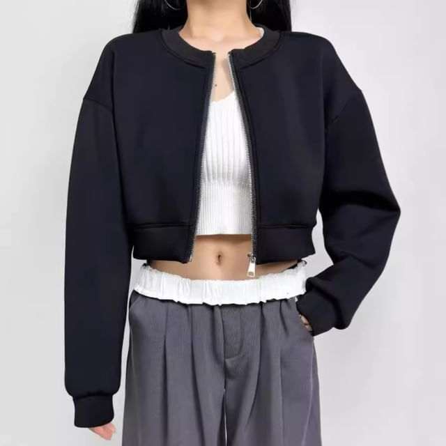 Shira-Crew Neck Zip-Up Plain Crop Jacket