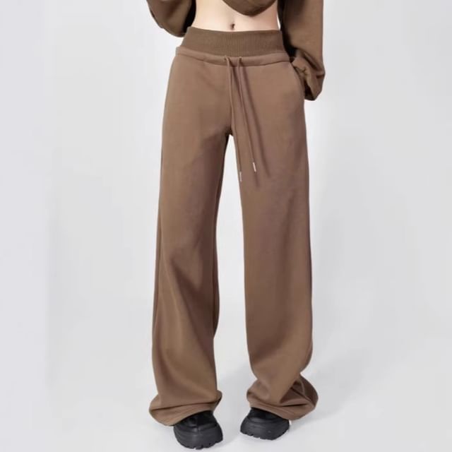 Shira-Drawstring Waist Plain Wide Leg Sweatpants