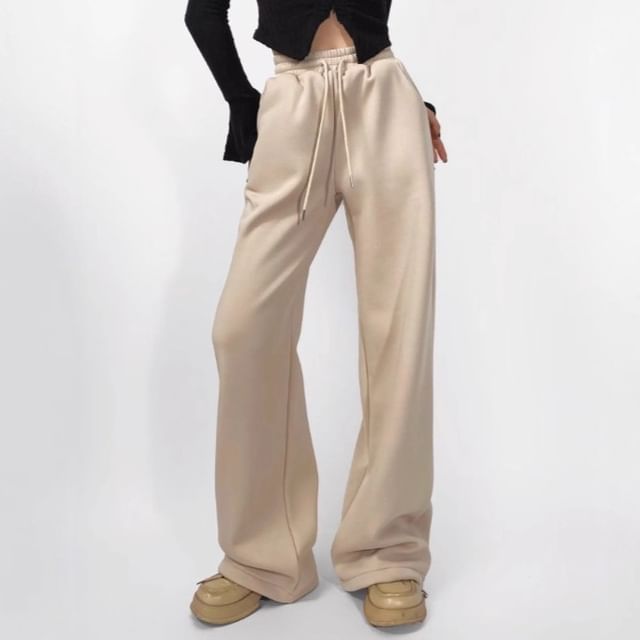 Shira-Drawstring Waist Plain Wide Leg Sweatpants