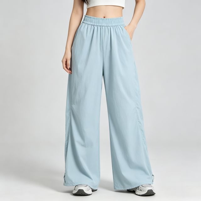 Shira-Elastic Waist Plain Drawstring Hem Wide Leg Pants