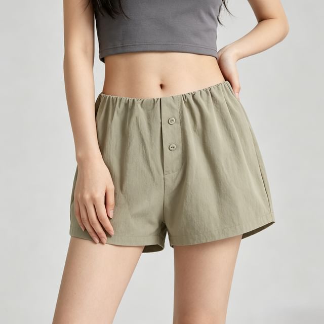 Shira-Elastic Waist Plain Shorts