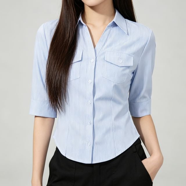 Shira-Elbow-Sleeve Collared V-Neck Pinstriped Button Up Shirt