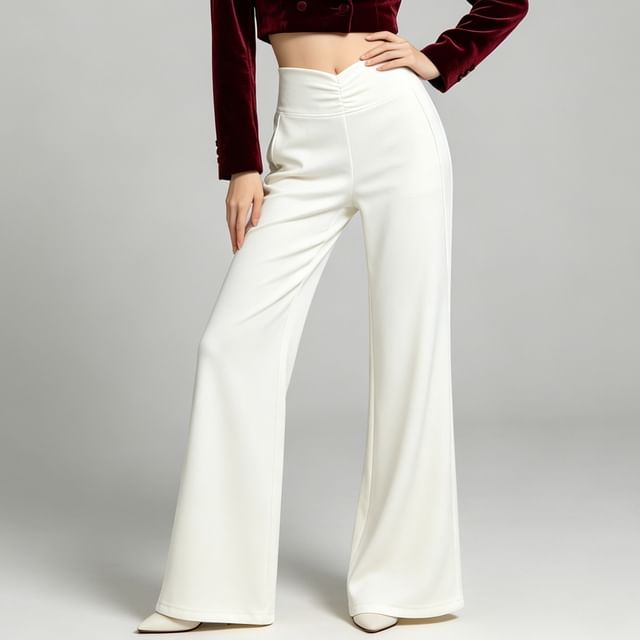 Shira-High Waist Plain Ruched Bell Bottom Pants