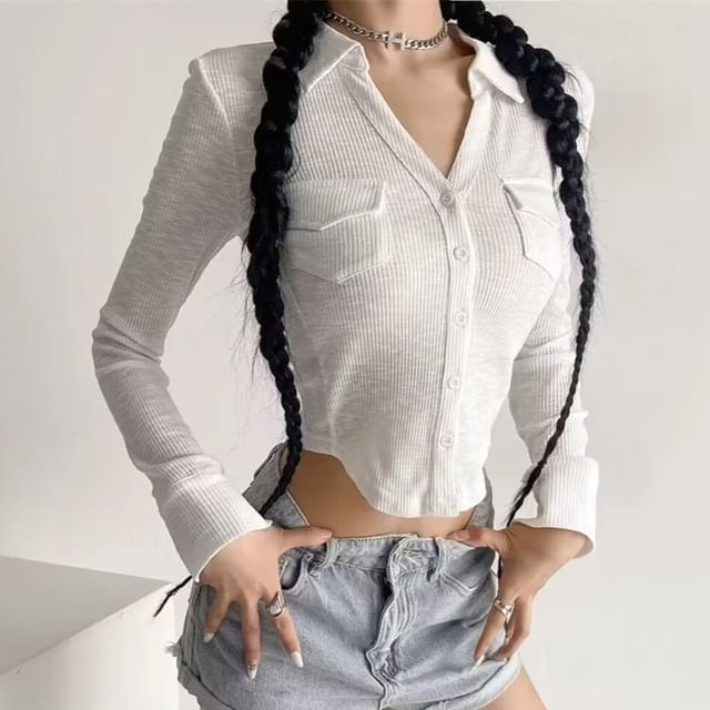 Shira-Long-Sleeve Collared Button-Up Plain Crop Top