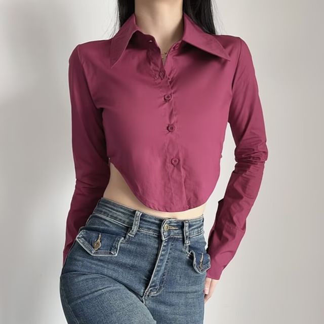 Shira-Long Sleeve Collared Plain Button-Up Cropped Shirt